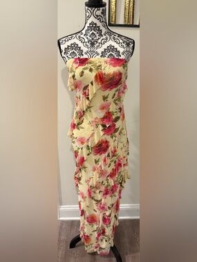 Sincerely Jules Floral Strapless Ruffle Maxi Dress in Yellow and Pink